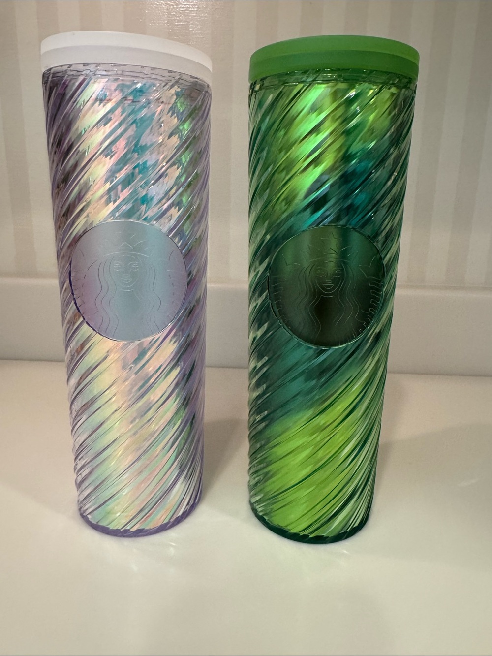 Two Starbucks Iridescent Swirl 16 Oz. Tumblers Silver Green